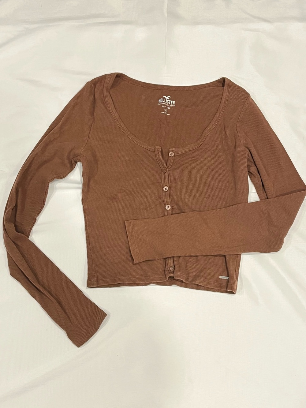 Hollister Chocolate Brown Ribbed Button-Front Long Sleeve Top